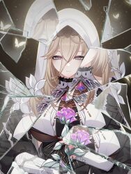  1girl absurdres aponia_(honkai_impact) black_background black_dress blonde_hair blue_eyes breasts broken_glass bug butterfly butterfly_wings chinese_commentary closed_mouth commentary_request dress flower frills glass hair_between_eyes highres holding holding_flower honkai_(series) honkai_impact_3rd insect insect_wings large_breasts light_particles long_bangs long_hair long_sleeves looking_at_viewer mole mole_under_eye nun ouya_(pixiv_52685215) pelvic_curtain purple_flower reflection rose smile solo thigh_strap upper_body veil wings 