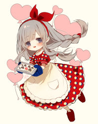 1girl absurdres apron balloon blush braid cookie dress floating_hair food frilled_apron frills full_body grey_hair heart-shaped_cookie heart_balloon highres holding holding_tray idolmaster idolmaster_shiny_colors kasasabi_(fixakaraka) long_hair looking_at_viewer oven_mitts patterned_clothing puffy_short_sleeves puffy_sleeves purple_eyes red_dress short_sleeves signature simple_background smile solo tray twin_braids waist_apron white_apron white_background yukoku_kiriko 