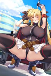  1girl armpits bardiche_(nanoha) black_cape black_gloves black_leotard black_ribbon black_thighhighs blonde_hair breasts cape commentary_request day fate_testarossa gloves hair_ribbon high_heels highres holding holding_weapon huge_breasts leotard long_hair looking_at_viewer lyrical_nanoha magical_girl open_mouth outdoors ribbon shirokuma_a skirt solo spread_legs standing thighhighs thighs twintails v very_long_hair weapon white_skirt yellow_eyes 