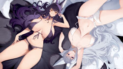  2girls absurdres animal_ear_fluff animal_ears armpits azur_lane bare_shoulders bikini blue_eyes blunt_bangs blush breasts breasts_apart cameltoe choker cleavage collarbone curly_hair facial_mark feet fox_ears fox_girl fox_tail frilled_bikini frills front-tie_bikini_top front-tie_top grin highres huge_breasts kanon_(sinto) kitsune large_breasts long_hair looking_at_viewer lying multiple_girls multiple_tails musashi_(azur_lane) navel on_back on_side panties parted_lips purple_hair shinano_(azur_lane) smile stomach swimsuit tail thighs thong underwear untied_bikini very_long_hair whisker_markings white_bikini white_hair white_tail yellow_eyes 