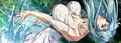  1girl aqua_hair bare_shoulders breasts covered_erect_nipples dress green_eyes highres japan_animator_expo large_breasts long_hair looking_at_viewer nolia see-through smile solo splashing water wet wet_clothes 