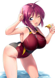  1girl adapted_costume ahoge breasts competition_swimsuit feet_out_of_frame gundam gundam_seed gundam_seed_destiny hassen_(8cm) highres large_breasts leaning_forward lunamaria_hawke multicolored_clothes multicolored_swimsuit one-piece_swimsuit one_eye_closed purple_eyes purple_hair red_one-piece_swimsuit salute short_hair simple_background smile solo swimsuit wading water whistle whistle_around_neck white_background 