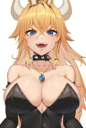  1girl bare_shoulders black_leotard blonde_hair blue_eyes bowsette breasts choker cleavage collar crown detached_sleeves elbow_gloves fangs gloves highres horns jewelry k.pumpkin large_breasts leotard looking_at_viewer mario_(series) necklace new_super_mario_bros._u_deluxe nintendo solo spiked_collar spikes unfinished upper_body  rating:Sensitive score:94 user:danbooru