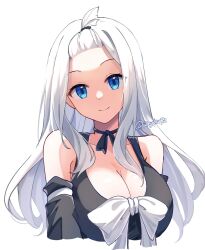  1girl artist_name bare_shoulders black_dress black_sleeves blue_eyes bow breasts cleavage detached_sleeves dress dress_bow fairy_tail highres large_breasts long_hair looking_at_viewer mirajane_strauss reytsu simple_background smile solo twitter_username upper_body white_background white_bow white_hair 