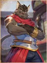  1boy animal_ears armor artist_name bara black_gloves black_pants cat_boy cat_ears cino commentary crossed_arms english_commentary facial_scar fangs furry furry_male gloves highres jackson_(ni_no_kuni) lion_tail looking_at_viewer male_focus ni_no_kuni:_cross_worlds pants photo_(object) scar scar_across_eye scar_on_cheek scar_on_face slit_pupils sweat tail tongue tongue_out whiskers yellow_eyes 
