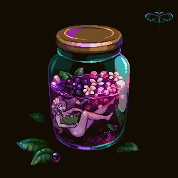  1girl black_background bottle chrysope fairy flower flower_on_head food fruit grapes handheld_fan nude original pixel_art 
