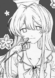  1girl branch brooch cherry_blossoms chinese_commentary closed_mouth collarbone collared_shirt commentary_request gas_wf grey_background greyscale hair_between_eyes hair_intakes hat holding holding_branch jewelry kamishirasawa_keine long_hair looking_at_viewer monochrome neck_ribbon ribbon shirt simple_background smile solo touhou 