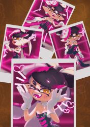  +_+ black_hair black_jumpsuit bow-shaped_hair callie_(splatoon) food food_on_head gloves highres inkling jumpsuit midopi_chi mole mole_under_eye nintendo object_on_head open_mouth pantyhose photo_(object) pink_pantyhose pointy_ears sharp_teeth short_jumpsuit splatoon_(series) splatoon_1 sushi teeth tentacle_hair white_gloves 