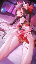  1girl :p arm_support backboob bare_shoulders barefoot black_panties black_sash blunt_bangs blurry blurry_background blush breasts brown_hair butterfly-shaped_pupils cat&#039;s_cradle closed_mouth colored_eyelashes commentary_request detached_sleeves dress feet feet_up foreshortening fox_mask hair_spread_out highres honkai:_star_rail honkai_(series) indoors knees_out_of_frame long_hair looking_at_viewer looking_back lying mask mask_on_head medium_breasts mole mole_under_each_eye mole_under_eye multiple_moles nail_polish on_bed on_stomach paid_reward_available panties panty_peek raised_eyebrows red_dress red_eyes red_nails red_sleeves sash senba_(592683801) short_dress smile solo sparkle_(honkai:_star_rail) steaming_body strapless strapless_dress symbol-shaped_pupils the_pose toenail_polish toenails toes tongue tongue_out tsurime twintails underwear variant_set very_long_hair 