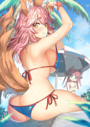  2girls :q animal_ears ass b-ginga beach bikini blue_bikini blue_eyes blurry blush breasts butt_crack chibi chibi_inset closed_mouth day depth_of_field duplicate elizabeth_bathory_(fate) elizabeth_bathory_(fate/extra_ccc) fate/grand_order fate_(series) fox_ears fox_tail horns jitome large_breasts long_hair looking_at_another looking_at_viewer looking_back multiple_girls outdoors palm_tree pink_hair side-tie_bikini_bottom sideboob sitting small_breasts smile solo_focus swimsuit tail tamamo_(fate) tamamo_no_mae_(fate/extra) tamamo_no_mae_(swimsuit_lancer)_(fate) tongue tongue_out tree yellow_eyes  rating:Sensitive score:52 user:danbooru
