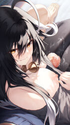  1boy 1girl absurdres ahoge animal_ears bell black_hair black_pantyhose black_sweater censored closed_mouth clothes_pull cum cum_on_clothes facial fang fang_out from_above hasumi_(hasubatake39) hetero highres jingle_bell long_hair mosaic_censoring neck_bell nipples original pantyhose penis pov setsuna_(hasumi_(hasubatake39)) sitting sitting_on_lap sitting_on_person smile sweater sweater_pull thigh_sex yellow_eyes 