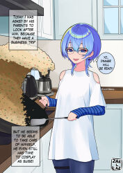  1boy blue_eyes blue_hair clothing_cutout commentary cosplay english_commentary english_text fried_rice_prank_(meme) glasses highres holding holding_spatula hololive hoshimachi_suisei hoshimachi_suisei_(cosplay) indoors jaheterbang long_sleeves looking_at_viewer male_focus medium_hair meme open_mouth shirt shoulder_cutout solo spatula standing t-shirt trap virtual_youtuber white_shirt wok  rating:General score:16 user:danbooru