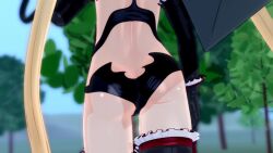  1girl 3d animated ass ass_focus black_gloves blazblue blonde_hair butt_crack female_focus from_behind gloves gs-mantis highres legs loli long_hair micro_shorts outdoors rachel_alucard shorts solo sound thighhighs thighs tree video walking  rating:Questionable score:285 user:JustHere4Butts