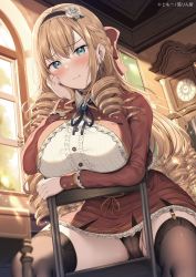  1girl arm_under_breasts black_panties blonde_hair blue_eyes blush braid breasts ceiling chair clock closed_mouth collared_dress crotch day dress drill_hair drill_sidelocks ear_piercing flower garter_straps gem grandfather_clock hair_between_eyes hair_flower hair_ornament hair_ribbon hairband highres indoors large_breasts long_hair long_sleeves looking_at_viewer original panties partially_visible_vulva piercing pout red_dress ribbon sidelocks sitting solo spread_legs sunlight table thighhighs thighs tomoo_(tomo) twin_drills underwear very_long_hair watermark window  rating:Sensitive score:29 user:danbooru