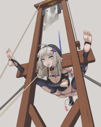  1girl aa-12_(girls&#039;_frontline) ahoge barefoot bdsm beret black_shirt black_thighhighs blue_eyes bondage bound breasts death dildo dozm_(txnmb) execution feet girls&#039;_frontline grey_hair guillotine hat highres imminent_death lactation lactation_through_clothes large_breasts long_hair masturbation mouth_hold nipple_piercing nipples object_insertion piercing sex_toy shirt soles solo stirrup_legwear thighhighs toeless_legwear toes torn_clothes vaginal vaginal_object_insertion vibrator  rating:Explicit score:195 user:danbooru