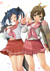  2girls absurdres blue_eyes blue_hair brown_eyes brown_hair commentary_request cosplay cowboy_shot feet_out_of_frame flight_deck hair_ribbon highres hiiragi_kagami hiiragi_kagami_(cosplay) hiiragi_tsukasa hiiragi_tsukasa_(cosplay) hiryuu_(kancolle) kantai_collection long_sleeves looking_at_viewer lucky_star multiple_girls neckerchief ok_sign one_eye_closed pink_neckerchief pleated_skirt red_sailor_collar red_skirt ribbon ryouou_school_uniform sailor_collar sailor_shirt school_uniform serafuku shirt short_hair simple_background skirt smile souryuu_(kancolle) twintails v white_background white_shirt winter_uniform yashin_(yasinz) yellow_ribbon 