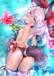  1girl anal anal_object_insertion anal_tail animal_ears ass ass_cutout back bikini black_bikini black_thighhighs blush bow breasts butt_crack butt_plug cat_ears chloe_von_einzbern cleft_of_venus clothing_cutout collar dark-skinned_female dark_skin fake_tail fate/kaleid_liner_prisma_illya fate_(series) flower hair_between_eyes hair_bow highres long_hair looking_at_viewer looking_back mezashi_gohan object_insertion open_mouth orange_eyes partially_submerged photoshop_(medium) pink_hair ponytail red_bow revision sex_toy sidelocks small_breasts sparkle swimsuit tail thighhighs thighs untied_bikini water wedgie 