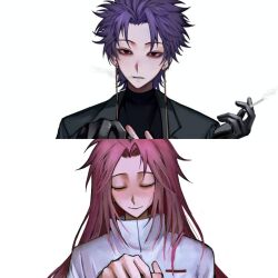  2boys black_gloves black_jacket black_shirt chinese_commentary cigarette closed_eyes closed_mouth commentary_request facing_viewer gloves hatsutori_hajime highres holding holding_cigarette jacket long_hair looking_at_viewer male_focus multiple_boys open_clothes open_jacket parted_bangs pink_hair purple_hair red_eyes saibou_shinkyoku shirt short_hair simple_background smile smoke theodore_riddle white_background white_shirt xiaochun 
