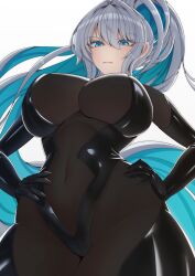  1girl absurdres aqua_eyes aqua_hair black_ark_ranger_(nikke) black_bodysuit black_leotard bodysuit breasts cleavage closed_mouth commentary covered_navel cowboy_shot elbow_gloves english_commentary from_below gloves goddess_of_victory:_nikke hair_between_eyes hair_intakes hands_on_own_hips highres large_breasts leotard long_hair looking_at_viewer moredread see-through see-through_cleavage sidelocks simple_background skin_tight solo standing very_long_hair white_background white_hair 