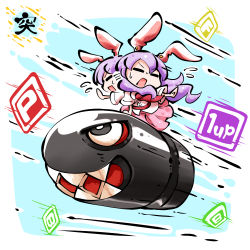  1girl 1up afterimage animal_ears banzai_bill chibi closed_eyes commentary_request crossover distress floating_hair flying_sweatdrops full_body kashuu_(b-q) long_hair looking_afar mario_(series) necktie nintendo open_mouth purple_hair rabbit_ears reisen_udongein_inaba riding sharp_teeth shirt skirt speed_lines super_mario_world teeth touhou very_long_hair  rating:General score:4 user:danbooru