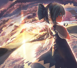 1girl blue_dress blue_eyes blue_hair blush bow cirno cloud dress from_behind hair_bow hands_on_own_chest highres hill ice ice_wings matching_hair/eyes nature profile scenery shinonome_ukyu short_hair sky solo sunset tears touhou twilight water wings rating:Sensitive score:16 user:danbooru