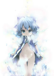 :&gt; blue_eyes blue_hair bow censored cirno clothes_lift convenient_censoring dress dress_lift embodiment_of_scarlet_devil hair_bow ham_(points) loli mouth_hold no_panties short_hair skirt skirt_lift solo touhou wings rating:Questionable score:3 user:danbooru