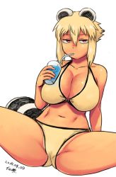 1girl animal_ears araiguma-san bare_shoulders bikini blonde_hair breasts cleavage collarbone cup dated drinking_glass drinking_straw expressionless large_breasts looking_at_viewer navel original raccoon_ears raccoon_tail red_eyes short_hair simple_background solo spread_legs swimsuit tail tan thick_thighs thighs tsukudani_(coke-buta) white_background yellow_bikini rating:Sensitive score:15 user:danbooru