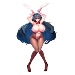  1girl animal_ears areola_slip armpits arms_up big_hair blue_eyes blue_hair bow bowtie breasts brown_pantyhose cameltoe cleavage collar covered_erect_nipples covered_navel curvy detached_collar detached_sleeves fake_animal_ears full-length_zipper full_body game_cg gluteal_fold high_heels highleg highleg_leotard highres huge_breasts knees_together_feet_apart last_origin leotard linea_alba long_hair looking_at_viewer name_tag neck_ribbon nipple_piercing nipple_tag oberonia_rhea official_alternate_costume official_art open_mouth pantyhose partially_unzipped piercing piercing_through_clothes playboy_bunny rabbit_ears rabbit_pose red_footwear red_ribbon ribbon shoes simple_background snowball22 solo standing strapless strapless_leotard tachi-e thigh_gap thighs transparent_background very_long_hair white_collar white_leotard zipper 