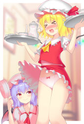  &gt;_&lt; 2girls ascot assisted_exposure bat_wings blonde_hair blue_hair blurry blurry_background blush bow bow_panties brooch closed_eyes clothes_lift collared_shirt commentary_request commission crotch_seam crystal cup electric_fan embarrassed flandre_scarlet frilled_skirt frilled_sleeves frills frown hat holding holding_tray indoors jewelry looking_at_another medium_hair miniskirt mob_cap mocchisake multiple_girls open_mouth panties partial_commentary pink_headwear pink_shirt red_ascot red_eyes red_skirt remilia_scarlet shirt short_sleeves siblings sisters skeb_commission skirt skirt_lift skirt_set smile standing teacup teapot touhou tray underwear white_headwear white_panties white_shirt wind wind_lift wings yellow_ascot  rating:Sensitive score:23 user:danbooru