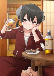  1girl alcohol alternate_costume barefoot black_hair bottle brown_eyes commentary_request cup drinking_glass fuji_(pixiv24804665) hand_on_own_face highres i-41_(kancolle) indian_style jacket kantai_collection low_ponytail pants red_jacket red_pants short_hair sitting solo table track_jacket track_pants track_suit whiskey 