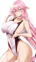 1girl bare_arms bare_shoulders blue_eyes blush breasts choker cleavage competition_swimsuit covered_navel cowboy_shot crossed_bangs genshin_impact hand_up kumakichi_(cost-lost) large_breasts long_hair looking_at_viewer one-piece_swimsuit parted_lips pink_hair sideboob simple_background smile solo swimsuit thighs wet white_background white_choker white_one-piece_swimsuit yae_miko rating:Sensitive score:70 user:danbooru