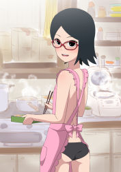 1girl apron ass back bad_id bad_pixiv_id black_eyes black_hair black_panties black_pantyhose blush chopsticks cooking cowboy_shot eeshin_(eishin5584) female_focus from_behind glasses gluteal_fold holding holding_bento holding_chopsticks indoors kitchen loli looking_at_viewer looking_back naruto naruto_(series) nearly_naked_apron no_bra open_mouth panties pantyhose pink_apron red-framed_eyewear short_hair smile teeth thighs uchiha_sarada underwear upper_teeth_only rating:Questionable score:134 user:DarthDaniel96