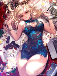 1girl bag blonde_hair blush bracelet breasts cartridge china_dress chinese_clothes cleavage cleavage_cutout clothing_cutout computer curvy dated dress earrings female_focus flower furyou_michi_~gang_road~ gun handbag handgun heart heart_cutout highres jewelry laptop large_breasts long_hair looking_at_viewer lying magazine_(weapon) on_back original parted_lips petals rose rose_petals solo thighs weapon wide_hips xaxak yellow_eyes rating:Sensitive score:104 user:danbooru