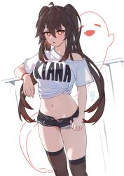 1girl absurdres bare_shoulders black_shorts black_thighhighs brown_hair clothes_writing commentary_request cowboy_shot cqc_no_hashi_neko crop_top flower-shaped_pupils genshin_impact highres hu_tao_(genshin_impact) long_hair looking_at_viewer micro_shorts midriff navel no_headwear no_headwear parted_lips red_eyes shirt short_sleeves shorts simple_background solo standing stomach symbol-shaped_pupils thighhighs thighs twintails very_long_hair white_background white_shirt rating:Sensitive score:95 user:danbooru