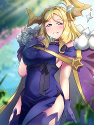 1girl blonde_hair blurry blurry_background breasts cape commentary cowboy_shot day demon_girl demon_horns dress english_commentary genjitsu_no_yohane gloves grin half-closed_eyes hand_to_own_mouth hand_up highres horns large_breasts long_hair looking_at_viewer love_live! love_live!_sunshine!! mari_(genjitsu_no_yohane) off-shoulder_dress off_shoulder ohara_mari outdoors purple_cape purple_dress purple_gloves purple_thighhighs side_slit sideboob signature single_bang sleeveless sleeveless_dress smile solo teeth thighhighs tsumikiy