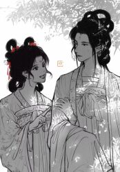 1boy 1girl black_hair chinese_clothes crossdressing earrings eyelashes facial_mark floral_print flower forehead_mark greyscale hair_flower hair_ornament hair_rings hair_stick hanfu highres huadian index_finger_raised jewelry long_hair long_sleeves looking_at_another monochrome multiple_girls open_mouth original pointing qiu_christine qixiong_ruqun ribbon ruqun side-by-side sitting smile spot_color updo upper_body wide_sleeves 