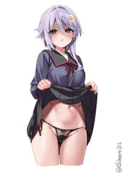  1girl black_panties black_skirt blush bow bow_panties breasts clothes_lift commentary_request crescent crescent_hair_ornament cropped_legs ebifurya grey_eyes groin hair_ornament highres kantai_collection lifted_by_self long_sleeves looking_at_viewer navel neck_ribbon one-hour_drawing_challenge panties parted_lips purple_hair purple_shirt red_ribbon ribbon shaded_face shirt side-tie_panties simple_background skirt skirt_lift small_breasts solo standing twitter_username underwear white_background yayoi_(kancolle) 