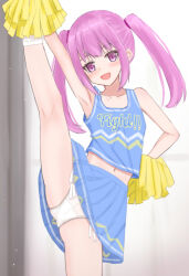  1girl blue_shirt blue_skirt blush cheerleader clothes_writing collarbone flat_chest loli long_hair looking_at_viewer midriff navel open_mouth panties pink_eyes pink_hair pom_pom_(cheerleading) shirt shooko skirt sleeveless sleeveless_shirt smile socks split standing standing_on_one_leg standing_split tank_top twintails underwear white_panties white_socks 