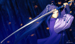  1boy absurdres autumn_leaves blue_eyes blue_hair fate/stay_night fate_(series) hair_intakes highres holding holding_sword holding_weapon japanese_clothes long_hair male_focus monohoshizao moto_(otemoto02) ootachi ponytail sasaki_kojirou_(fate) solo sword very_long_hair weapon 