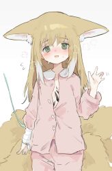  1girl animal_ears arknights bandaged_arm bandaged_wrist bandages blonde_hair blush breath buttons commentary cowboy_shot fluffy flying_sweatdrops green_eyes hand_up highres long_hair long_sleeves looking_at_viewer material_growth motion_lines multicolored_hair nose_blush open_mouth oripathy_lesion_(arknights) pajamas pants partially_unbuttoned pink_pajamas pink_pants pink_shirt shirt simple_background sketch smile solo split_mouth standing streaked_hair suzuran_(arknights) sweat tail unitedunti waving white_background white_hair yellow_tail  rating:Sensitive score:5 user:danbooru