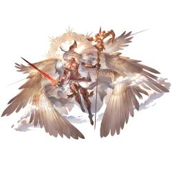 1girl armor bare_shoulders breasts full_body granblue_fantasy halberd halo halo_behind_head holding holding_polearm holding_sword holding_weapon leotard long_hair medium_breasts michael_(granblue_fantasy) minaba_hideo multiple_wings official_art polearm red_eyes solo sword third-party_source transparent_background weapon white_hair wings