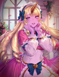 1girl absurdres blonde_hair blush bow bowtie breasts cafe_cuties_(league_of_legends) cafe_cuties_soraka colored_skin cowboy_shot dress drill_hair flower green_bow grin hair_bow hands_up highres horns league_of_legends long_hair long_sleeves maid maid_day maid_headdress nail_polish nyaamen_fork official_alternate_costume petals pink_flower pink_nails pink_skin pointy_ears single_horn small_breasts smile solo soraka_(league_of_legends) teeth twin_drills window