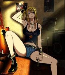 1girl bare_shoulders belt blush boots breasts cleavage denim denim_shorts fairy_tail female_focus guitar indoors instrument key large_breasts lucy_heartfilia mashima_hiro open_mouth shoes short_shorts shorts sitting solo tank_top third-party_edit wristband rating:Questionable score:82 user:weres