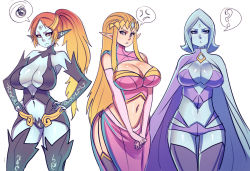  3girls ? alternate_breast_size angry bare_shoulders blonde_hair blue_eyes blue_hair blue_skin breasts bridal_gauntlets cape cleavage colored_sclera colored_skin elbow_gloves elf facial_mark fi_(zelda) forehead_jewel forehead_mark forehead_protector gloves hands_on_own_hips huge_breasts long_hair maniacpaint midna midna_(true) midriff multiple_girls navel nintendo no_arms orange_hair pointy_ears ponytail princess_zelda red_eyes short_hair side_slit sidelocks speech_bubble spoilers squiggle the_legend_of_zelda the_legend_of_zelda:_skyward_sword the_legend_of_zelda:_twilight_princess thigh_gap thighhighs time_paradox v_arms yellow_sclera  rating:Sensitive score:438 user:danbooru