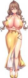  1girl arms_under_breasts bead_necklace beads boku_ga_incubus_ni_naru_tame_ni_kyou_kara_succubus_to_lesson_shimasu_2 bracelet breasts brown_hair covered_erect_nipples dress facing_viewer full_body hair_between_eyes highres huge_breasts jewelry long_hair looking_at_viewer mature_female mole mole_under_mouth necklace non-web_source official_art photoshop_(medium) purple_eyes shiny_skin shiokonbu smile solo standing strappy_heels tachi-e transparent_background twintails yellow_dress yellow_footwear  rating:Questionable score:43 user:danbooru