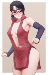  1girl absurdres alternate_breast_size armpits bare_shoulders black_hair blush boruto:_naruto_next_generations breasts closed_mouth collarbone commentary_request cowboy_shot detached_sleeves dress embarrassed forehead_protector glasses highres konohagakure_symbol looking_at_viewer medium_breasts mil_k_vanilla naruto_(series) navel no_bra no_panties open_clothes outside_border red-framed_eyewear short_hair sideless_outfit sleeveless solo thighs uchiha_sarada unzipped unzipping white_background zipper zipper_pull_tab  rating:Sensitive score:280 user:danbooru