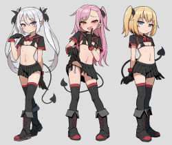  3girls :3 :d absurdres bikini black_bikini black_footwear black_gloves black_legwear black_shirt black_skirt blonde_hair blue_eyes blush boots bow bowtie censored cleft_of_venus closed_mouth clothes_lift condom condom_belt contrapposto cross-laced_footwear crotchless crotchless_bikini crotchless_panties demon_girl demon_tail dot_nose expressionless fang fang_out female_focus finger_to_cheek finger_to_mouth flat_chest fold-over_boots full_body gloves grey_background grey_hair hair_ornament half-closed_eyes heart heart_censor highres knee_boots legs_apart legs_together lifting_own_clothes loli long_hair looking_at_viewer medium_hair micro_bikini miniskirt multiple_girls navel one_side_up open_mouth original panties pigeon-toed pink_hair pleated_skirt purple_eyes pussy pussy_cutout red_bow red_eyes red_neckwear shiny_skin shirt short_hair short_sleeves shrug_(clothing) shushing side-tie_bikini_bottom simple_background skirt skirt_lift smile smug standing swimsuit tail thighhighs twintails underwear used_condom wagashi_(dagashiya) zettai_ryouiki  rating:Explicit score:821 user:danbooru