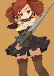 1girl amy_sorel bad_id bad_pixiv_id bare_shoulders choker detached_sleeves dress drill_hair elbow_gloves fur_trim gloves gothic_lolita lace lolita_fashion red_hair sharekoube short_twintails solo soul_calibur soulcalibur soulcalibur_iv sword thighhighs twintails weapon rating:Sensitive score:10 user:danbooru