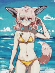  1girl :i ahoge animal_ear_fluff animal_ears arknights arm_at_side arm_up bare_shoulders beach bikini blue_eyes blue_sky blush cloud collarbone cowboy_shot day flat_chest fox_ears fox_girl fox_tail front-tie_bikini_top front-tie_top gluteal_fold gold_bikini grey_hair groin hair_between_eyes halterneck headphones headphones_for_animal_ears highres holding holding_headphones horizon looking_at_viewer material_growth meme_attire midriff navel ocean oripathy_lesion_(arknights) outdoors short_hair short_twintails skindentation sky solo standing sussurro_(arknights) swimsuit tail thigh_gap twintails violetstone 