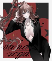  1girl alternate_costume black_pants black_suit blue_eyes breasts brown_hair business_suit cleavage collared_shirt commission cowboy_shot dress_shirt formal hair_between_eyes high_side_ponytail highres ichimonme_(ichi) jewelry kantai_collection large_breasts long_hair looking_at_viewer necklace open_clothes open_shirt pants ponytail saratoga_(kancolle) shirt side_ponytail sidelocks skeb_commission smile solo suit white_shirt 